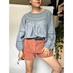Gap Embroidered Puff Sleeve Chambray Blouse (fits S-M)